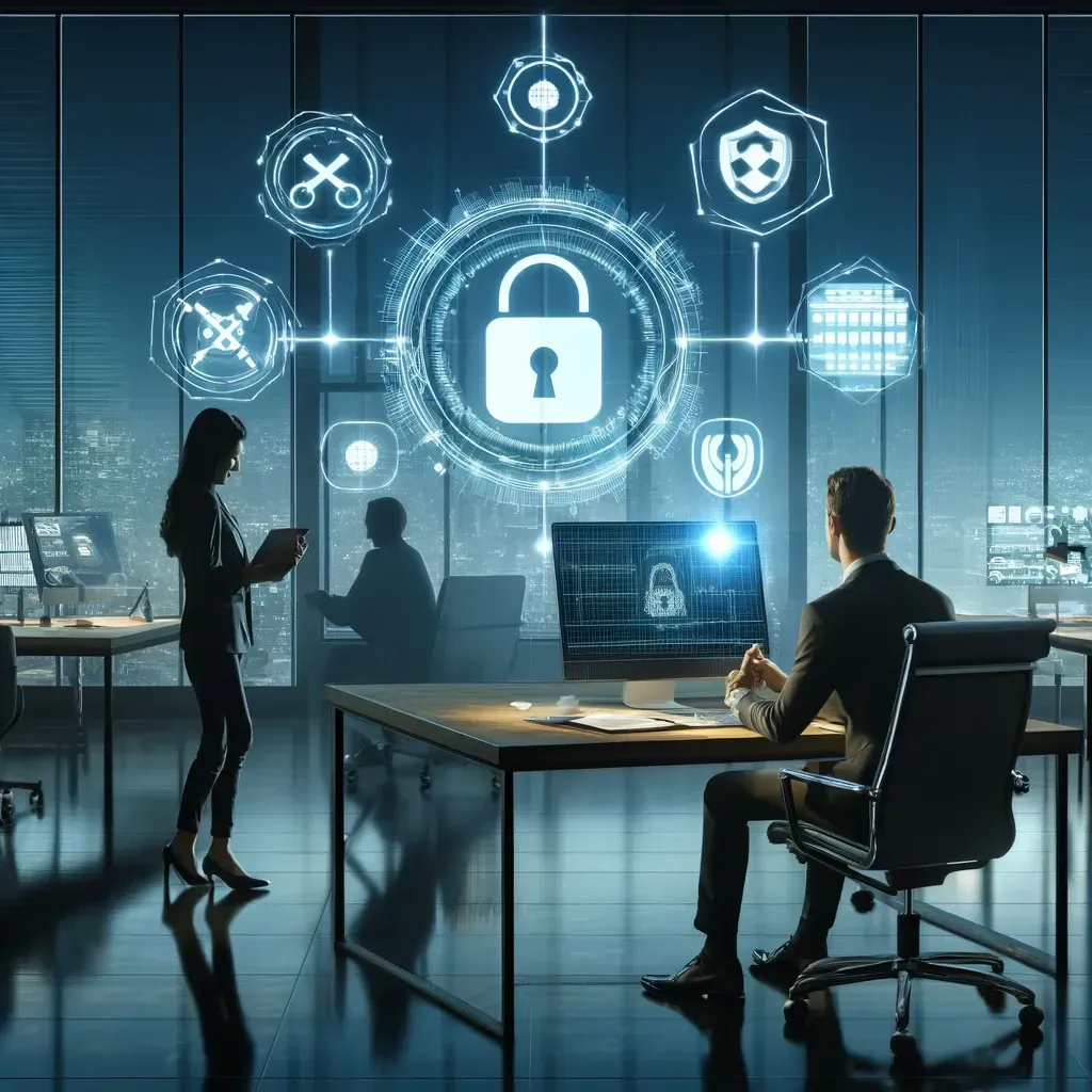 Personen in einem Büro, Cybersicherheit-Elemente wie Schluss, Schild usw. im Hintergrund.